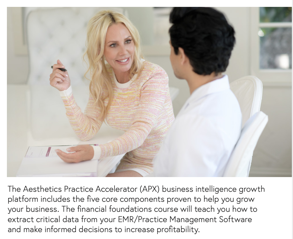The Aesthetics Practice Accelerator (APX) business intelligence growth platform includes the five core components proven to help you grow your business. 